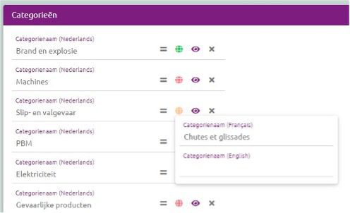 Screenshot scherm categorieën RiskReporter in meerdere talen